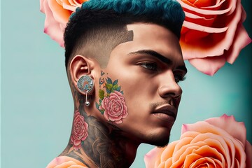 A handsome, beautiful and young man whose body and face are covered with rose tattoos poses and stands like a model. Alternative, modern boy. Illustration. Generative AI.