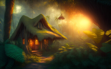 Wall Mural - One cottage in fantasy landscape of tropical jungle forest .Generative Al Illustration.