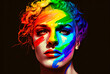 Woman with her face painted with the colors of the LGBT flag. Generative AI