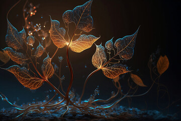 Wall Mural - golden glowing fantasy leaves in dark forest