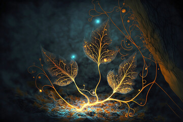 Wall Mural - golden glowing fantasy leaves in dark forest