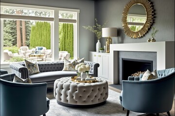 A chic living room filled with built-in cabinets flanking round mirror atop grey tile fireplace, tufted sofa facing two armchairs, and window wall overlooking lush outdoors. Northwest, USA