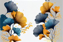 Ginkgo Biloba Leaves Watercolor Sketch Blue Yellow On White Background.