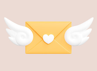 Poster - 3d yellow letter in envelope with wings. flying love message. online mail newsletter. romantic postc