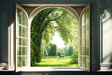 View Of The Window In The Room, Green Park On A Sunny Summer Day. Green View From Living
