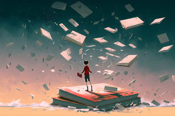 Wall Mural - boy standing on the opened book and looking at other books floating in the air, digital art style, illustration painting