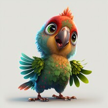 Cute Tropical Parrot With Big Eyes Smiling. Nestling Colorful Feathers Parrot. Adorable Baby Bird Character In Pixar Disney Style For Kids Product Design. Digital Generated Art.