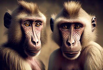 Wall Mural - Portrait of two wild baboons. Generative Ai Art. Family of apes. Dark gray background.