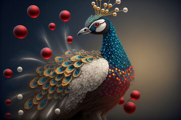 Wall Mural - Abstract colorful peacock with feathers spread out of its feathers. Post-processed generative AI	