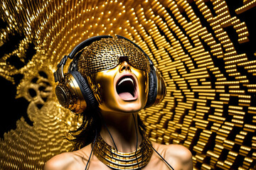 Generative AI illustration of a female humanoid with headphones enjoying and feeling the music on gold background