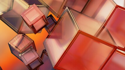 Wall Mural - Red, orange, scattered glassy boxes abstract, dramatic, passionate, passionate, luxurious, modern 3D rendering graphic design elemental background material.