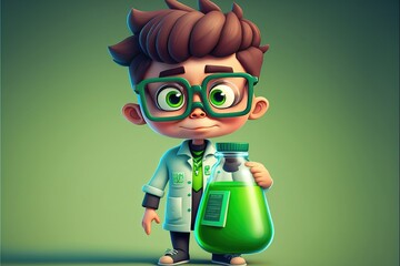 Cute young boy scientist holding a lab flask on green background. 3D cartoon style. Generative AI