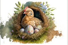 Hen Sits On The Nest And Easter Eggs. Watercolor Painting Of Cute Chicken Farm Animals. Generative AI