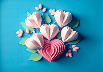 Wall Mural - Paper heart and flowers on a blue background. 3d rendering.