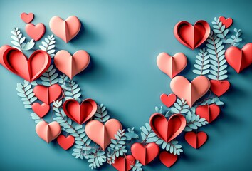 Wall Mural - Valentine's Day background with paper hearts and blue leaves. 