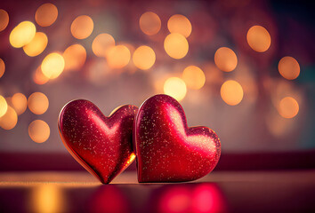 Wall Mural - heart shaped bokeh Valentines day background with two red hearts on bokeh background