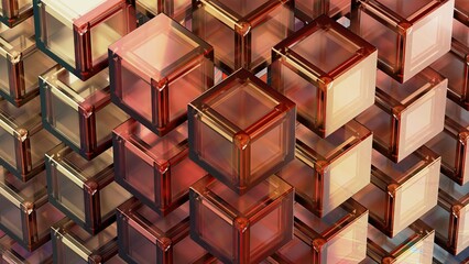 Wall Mural - Abstract, dramatic, passionate, luxurious, modern 3D rendering of a collection of red, orange, grid-aligned, glass-textured cubes as a graphic design elemental background material.