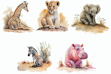 Safari Animal set lion, hippopotamus, giraffe, elephant, zebra in watercolor style. Isolated vector illustration