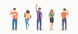 © lyudinka - Different young women and men waives hands in hello gesture while smiling cheerfully. People stand full body. Flat style cartoon vector illustration.