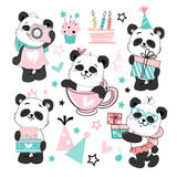 Fototapeta Dinusie - Cute set with little pandas, cake and gift box in kawaii doodle style. Happy birthday concept. Vector cartoon illustration