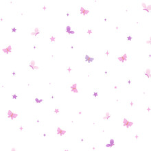 Seamless Pattern With Decorative Elements, Pink Butterflies And Stars, Children's Pattern, Pattern For Girls