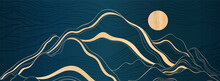 A Minimalistic Banner With Mountains And An Art Deco Style. Smooth Gold Lines On A Dark Blue Prestigious Background.