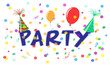 Party Karte mit Text, Luftballons, bunte Konfetti, Luftschlangen und Partyhüte, Vektor Illustration isoliert auf weißem Hintergrund
