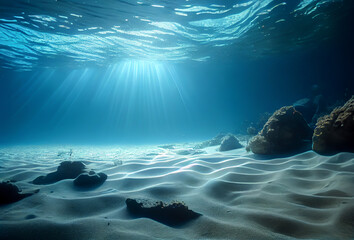 Empty blue underwater with sunlight shine to sand sea floor, deep ocean, AI generated
