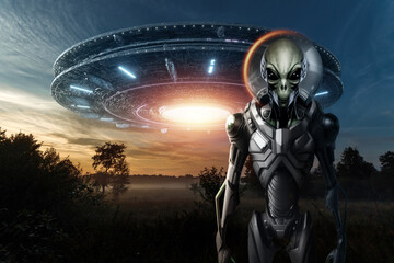 Wall Mural - a crowd of green aliens in spacesuits standing in front of a flying saucer, ufo. first contact, sear