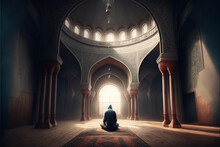 Alone Man Praying In Muslim Mosque, Islamic, Ramdan Backgrond, Generative AI