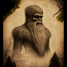 Audubon Scientific Illustration On Aged Paper Background Anatomical Diagrams Schematics An Humanoid Cryptid Long Fur Human Face Long Beard In The Forests Of Spain Muted Tones High Contrast 