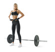 Fitness woman full-length portrait. Confident look bodybuilder woman posing with barbell.