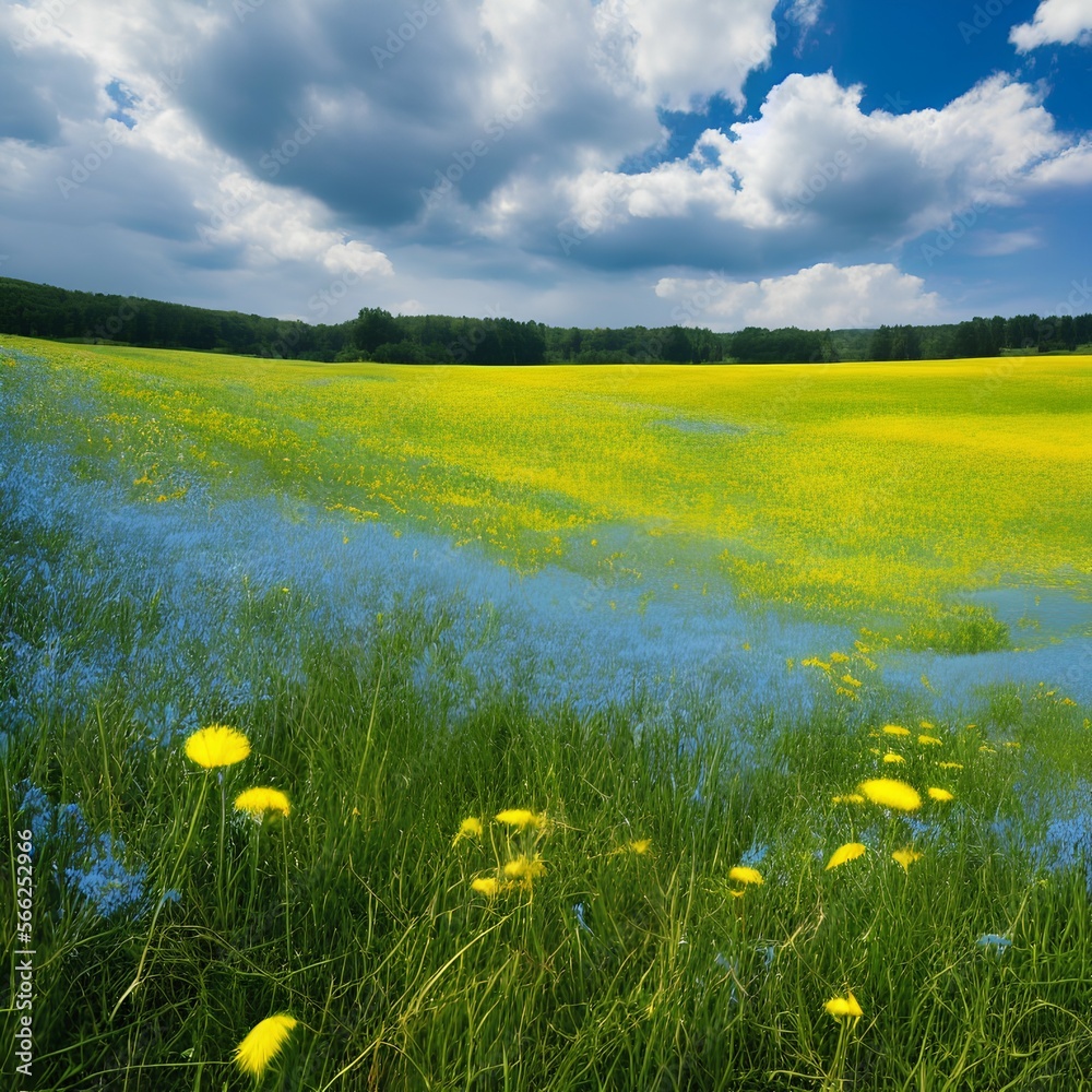 Beautiful meadow field with fresh grass and yellow dandelion flowers in ...