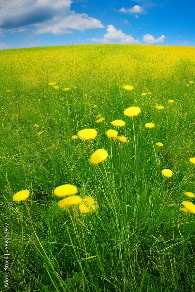 Beautiful meadow field with fresh grass and yellow dandelion flowers in ...