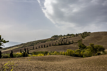 Curvy S shaped, cypress-lined mountain road in Tuscany, Italy. Travel destination