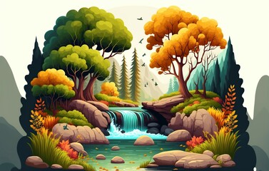 illustration cartoon autumn forest with waterfall, generative AI