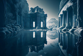  Ancient ruins with waterpool and reflections. Generative Ai Art. Greek architecture with columns. Destroyed building.