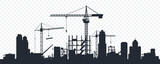 Fototapeta Łazienka - Black silhouette of a construction site isolated on transparent background. Construction cranes over buildings. City development. Urban skyline. Element for your design. Vector illustration.