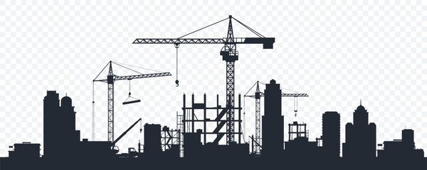 black silhouette of a construction site isolated on transparent background. construction cranes over