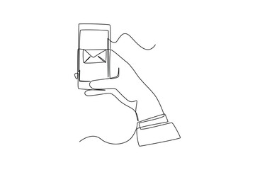 Poster - Single one line drawing hand send email on smartphone. social media concept. Continuous line draw design graphic vector illustration.