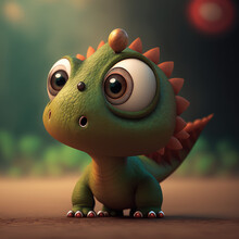 A Cute Little Green Dinosaur In The Wild Jungle. Baby Dino With Big Eyes. 3d Realistic Historic Character.. Generative AI Illustration.