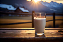 A Glass Of Milk On The Table Against The Backdrop Of The Alpine Mountains. AI Generated.
