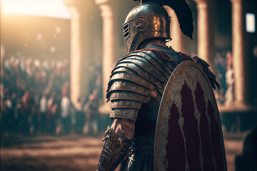 Wall Mural - Ancient Roman gladiator enters the arena for fighting, against the backdrop of an anticipated battle by the crowd, realistic art generated by ai, rear view