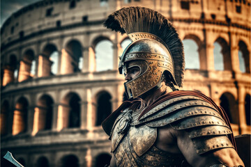 Wall Mural - Portrait ancient Roman warrior in armor against the backdrop of the Colosseum, realistic AI generated art