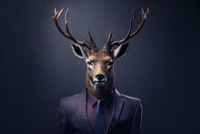 Generative AI Illustration Anthropomorphic Portrait Of Brutal Deer In Formal Suit