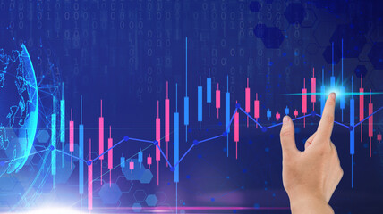 Poster - finger hand writing analyze graph for trade stock market on the screen. finger pointing chart graph stock of growth. 