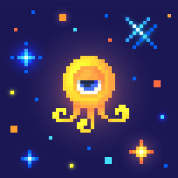 Alien in outer space. Cute monster in pixel art. 8 bit retro style vector illustration