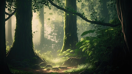 beauty Nature forest with sunrise background illustration. Generative AI