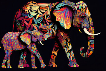 Beautiful vector pattern of colorful elephants on black background