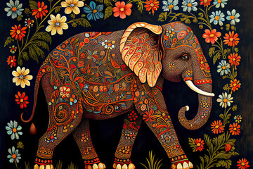 Wall Mural - Folk art indian elephant, vector dot painting illustration